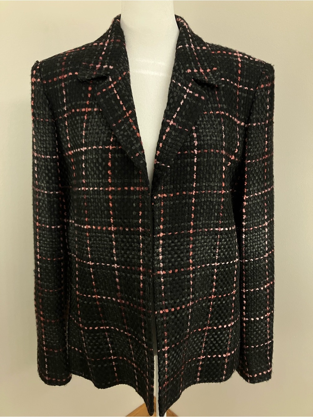 Kasper Black Tweed Blazer with Pink Plaid